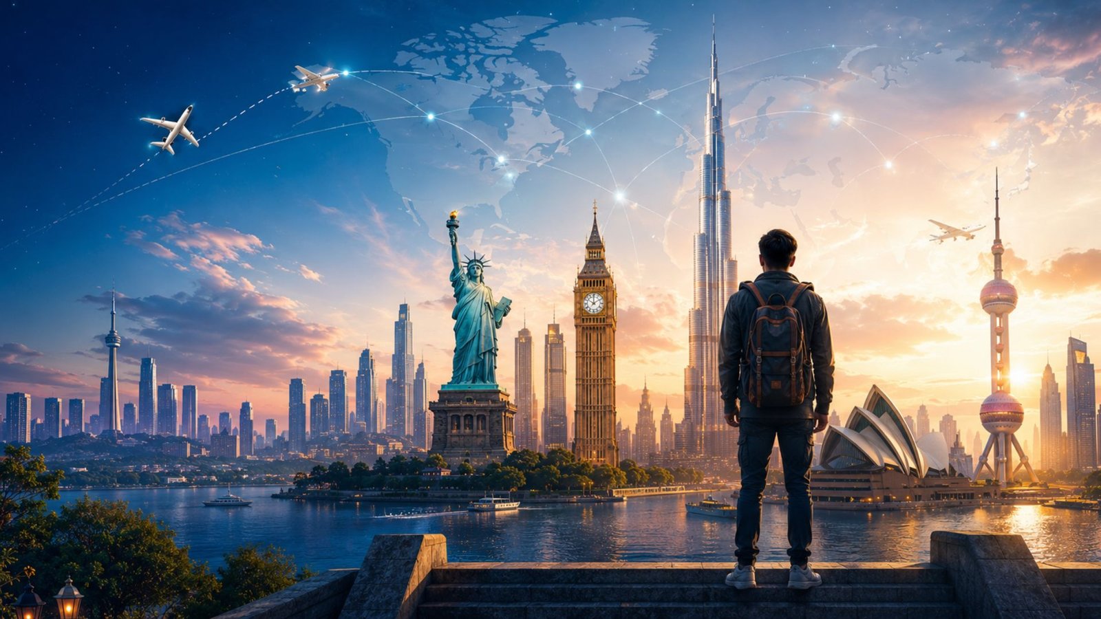 Global opportunities - person looking at world landmarks